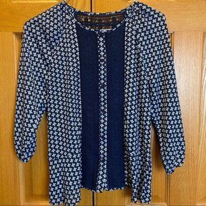 Navy and White Lace Trim 3/4 Sleeve Blouse
